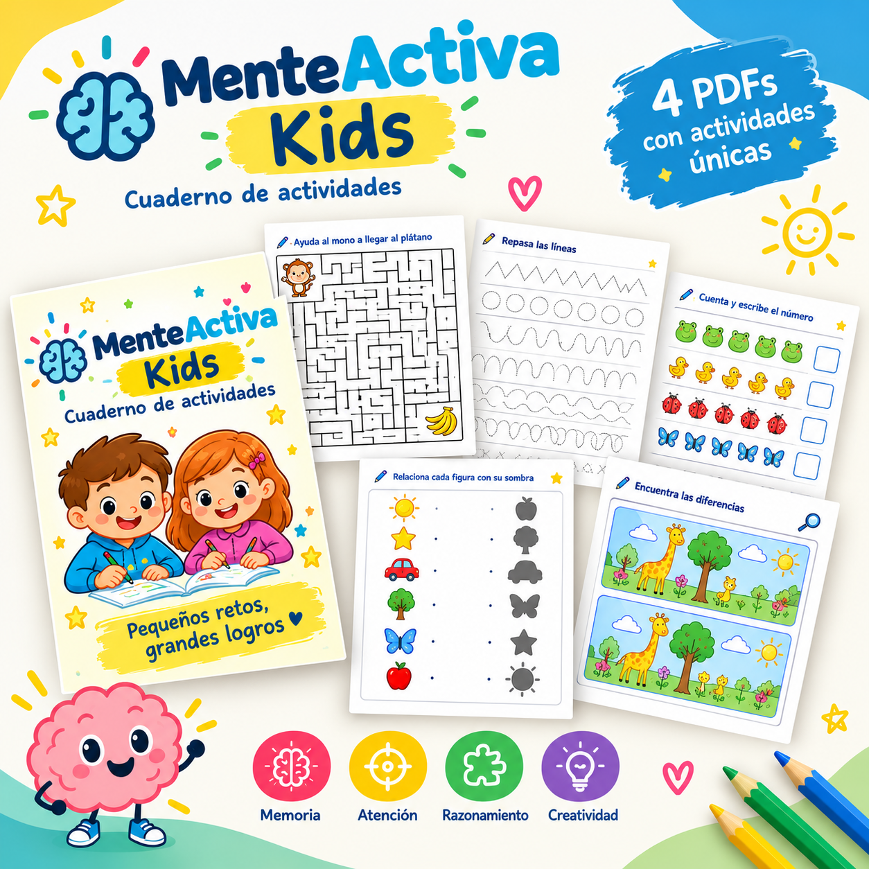 Cuaderno MenteActiva Kids con ejemplos de actividades imprimibles